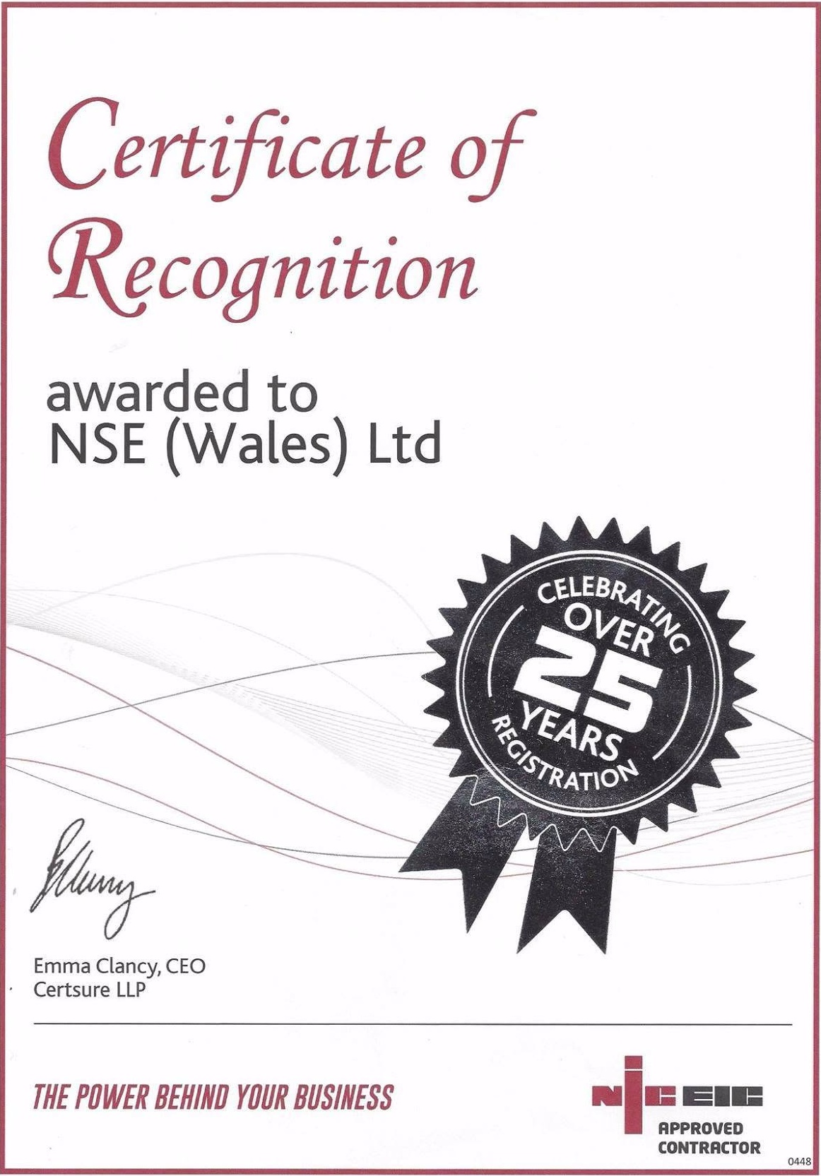 NICEIC Certificate of Recognition awarded to NSE (Wales) Ltd, celebrating over 25 years of NICEIC registration
